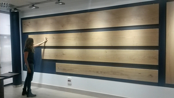 Unfinished wide plank hardwood flooring showroom display